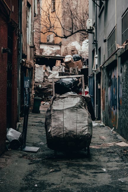 A narrow urban alleyway cluttered with overflowing rubbish and discarded materials, including a large garbage bag in the foreground placed on a wheeled cart, with a pile of mixed waste and flattened cardboard boxes stacked against a wall at the end of the path. The alley is bordered by brick and concrete walls, some of which are covered with graffiti, and features an assortment of debris scattered along the ground. Sparse trees with bare branches loom overhead, contrasting with the surrounding environment. Natural daylight filters through the cramped space, highlighting the disorder and accumulation of waste, indicative of private waste collection or alternative rubbish removal services often needed in densely built city areas. The scene reflects typical urban refuse that Waste Removal Brent may service in areas like Willesden High Road NW10, where prompt clearance and management of accumulated rubbish are essential for cleanliness and hygiene.